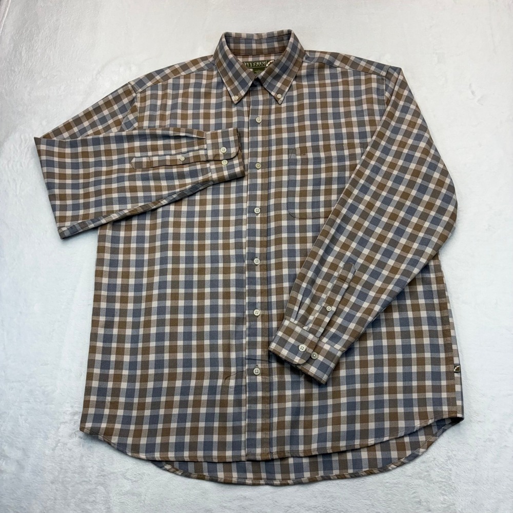 Ivy Crew Explorer Mens Large Brown Blue Plaid Button Down Shirt Long Sleeve L
